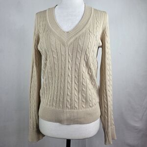Burberry Cream V-Neck Cable Knit Sweater